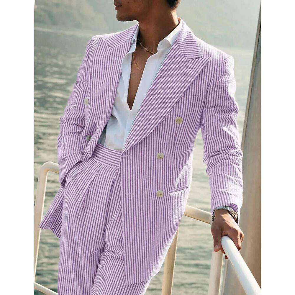 Light Pink Vertical Stripes Suits Men Two-Piece Set Summer Comfortable Linen Cotton Fabric Mens Suit For Casual Beach Party