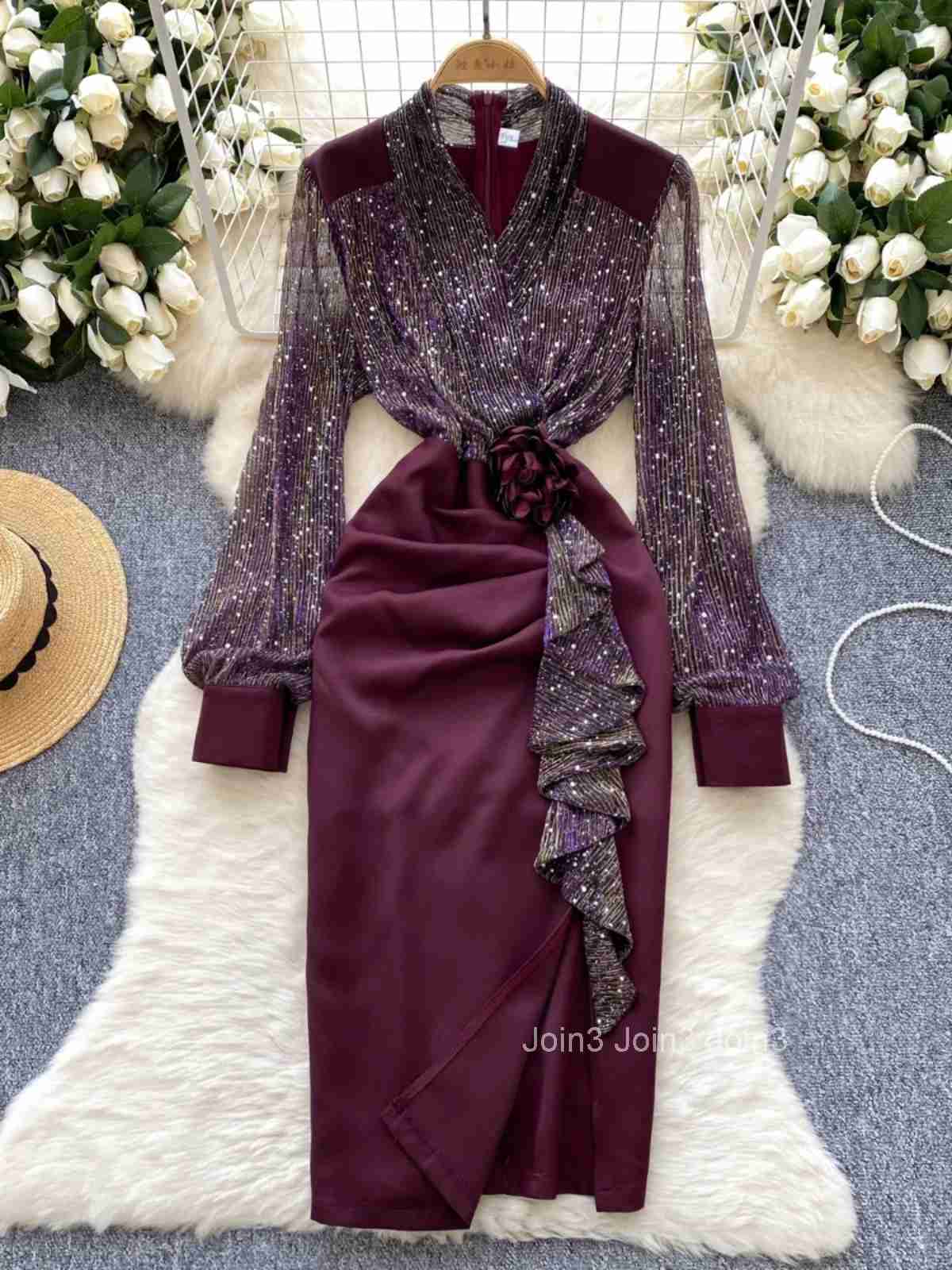 Chic Party Dress for Women 2025 Vestidos De Mujer Temperament Robe Femme Patchwork Gauze Sequin Ruffles Bodycon Split Dresses