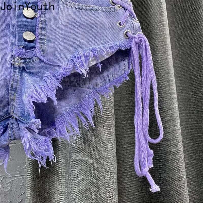 Single Breasted Denim Shorts Women 2025 New Bottoms Bandage Chic Tassel Y2k Wide Leg Shorts Summer Pantalones Cortos De Mujer