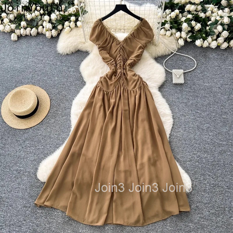 Elegant Dress Women Clothes Patchwork Lace V-neck Slim Waist Folds Robe Femme 2025 Vestidos De Mujer Bandage Summer Maxi Dresses