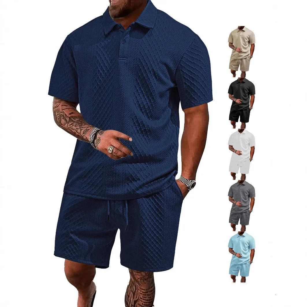 Cross-border European and American jacquard cloth mens casual sports thin lapel polo shirt short-sleeved set 250619