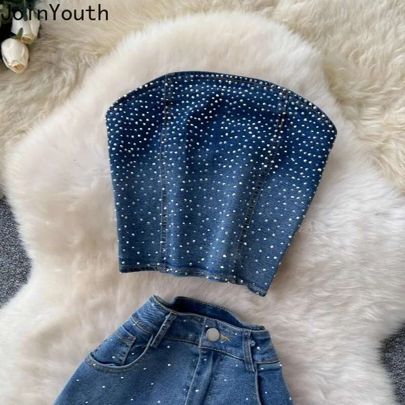 Summer Women Clothing Denim Two Piece Sets Backless Vest Crop Tops Tunic Flare Pants Outfits Chic Sexy Y2k Suit Korean Outfits