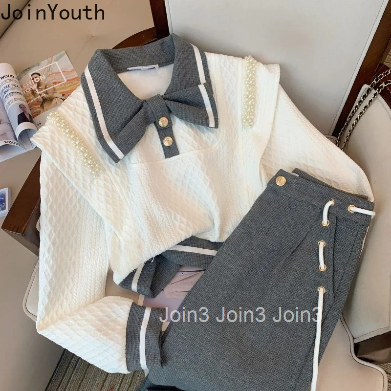 Fashion 2 Piece Set Women Clothing Preppy Style Bow Sweet Hoodies High Waist Wide Leg Pants Outfits Korean Sweatpants Y2k Suit