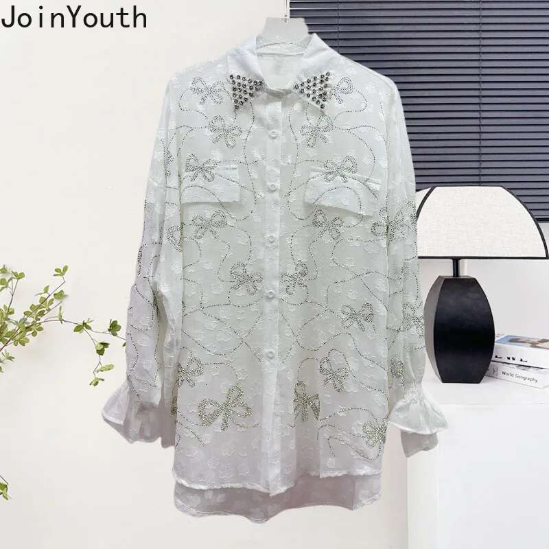 Summer Blouses Fashion Womens Clothing 2025 Blusas Mujer De Moda Long Sleeve Chiffon Diamond See Through Shirts Tops Female