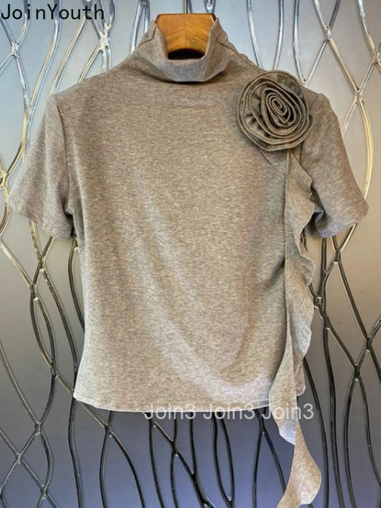 Crop Tops Temperament Woman T Shirts Solid Color Tunic Tees Turtleneck Short Sleeve Camisetas Chic 3D Floral Summer T-shirts