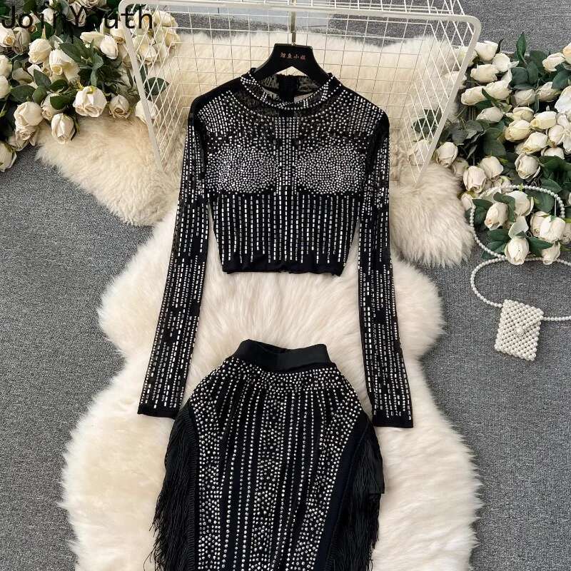 Temperament Suit Two Piece Sets Womans Clothes for 2025 Diamond Tunic Crop Tops Chic Tassel Bodycon Skirt Outfits Chic Y2k Set