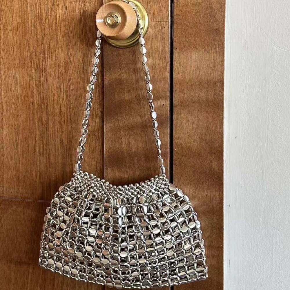 2024 New Metal Silver Design Hollow Handwoven Beaded Fashionable Single Shoulder Underarm Bag