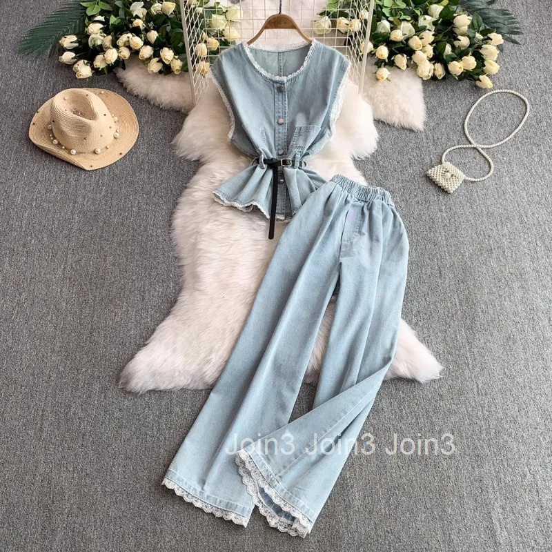 Pants Suit Chic 2 Piece Set Sleeveless Slim Waist Vest Coat High Waist Straight Wide Leg Pants Sets Patchwork Lace Denim Outfits