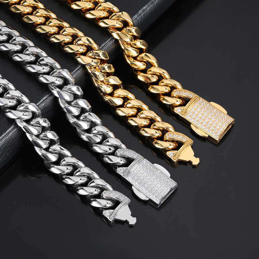 Hip Hop 12mm Micro Pave Zircon Spring Clasp Stainless Cuban Chain Trendy Titanium Steel Round Polished Bracelet Necklace 012e