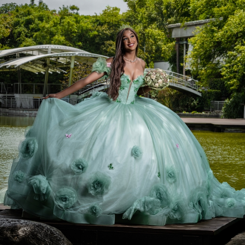 Green Quinceanera Dresses Ball Gown Off The Shoulder Bow Flower Beads Tull Corset Sweet 16 Dress Vestidos 15 De Anos