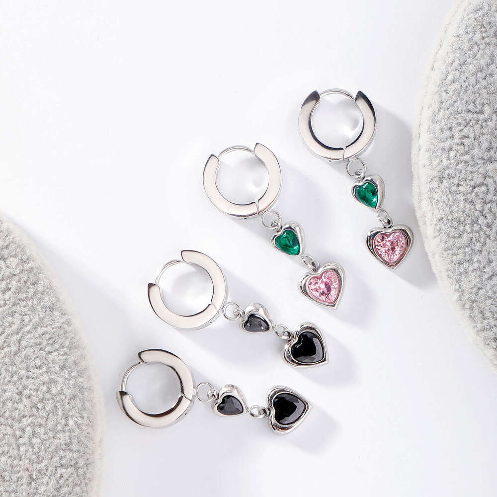 Light Colorful Heart Zircon Elegant Women Stainless Steel Earrings Non-Fading Personality Tassel Ear Clips