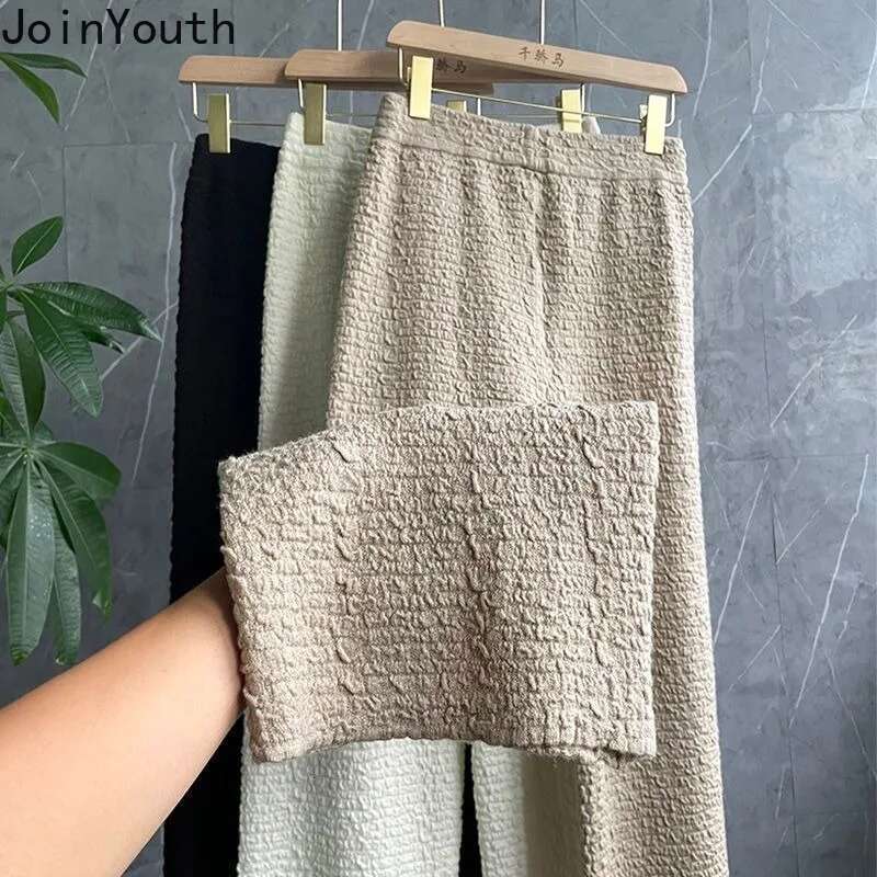 Korean Wide Leg Pants for Women Elastic Waist Tunic Temperament Trousers Casual Straight Tweed Pantalon Femme 2025 New Bottoms
