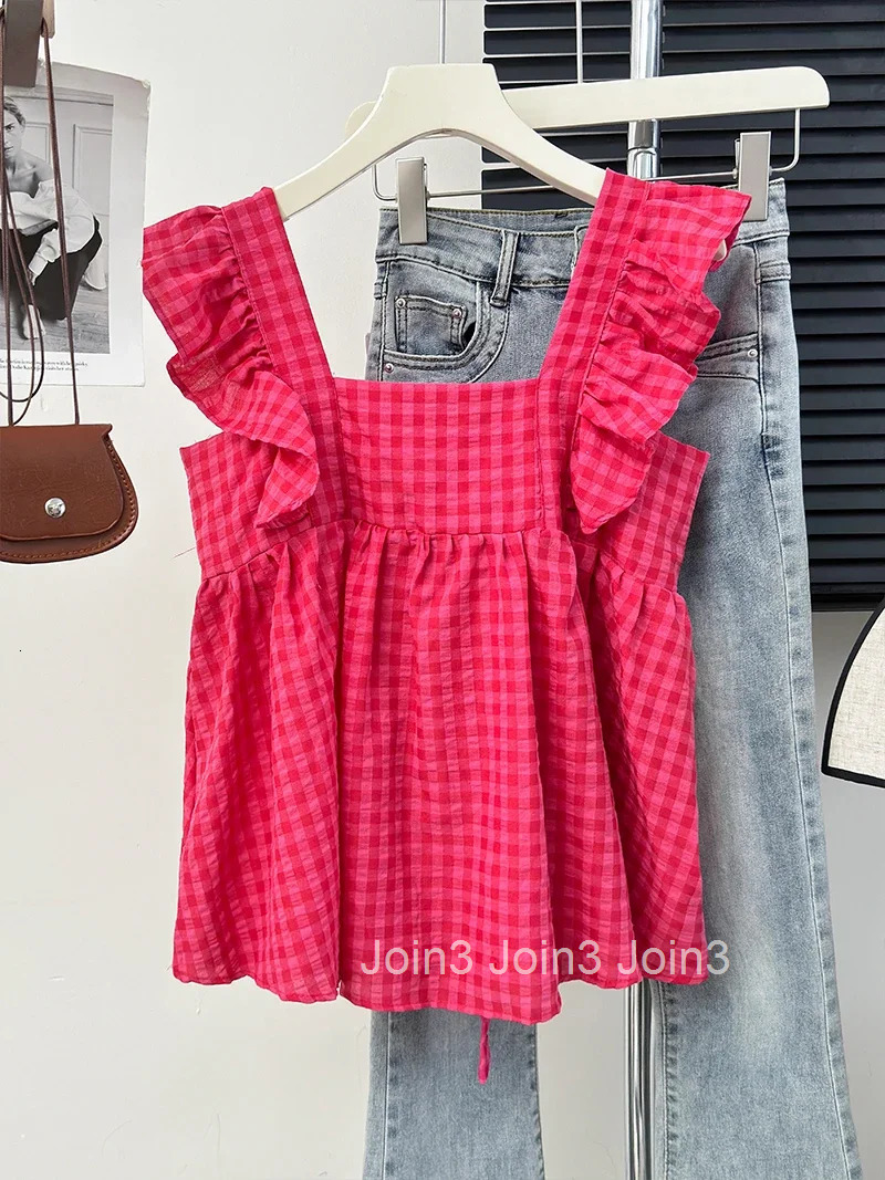 Sweet Tanks Womens Clothing Square Collar Bandage Bow Camis Fashion Plaid Summer Crop Tops Ruffles Loose Folds Fashion Vests