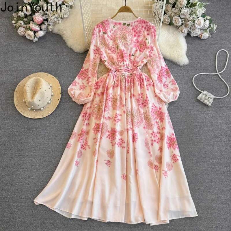 Elegant Women Dresses Slim Waist Long Sleeve O-neck Vintage Robe Femme 2025 Vestidos De Mujer A-line Big Swing Floral Maxi Dress