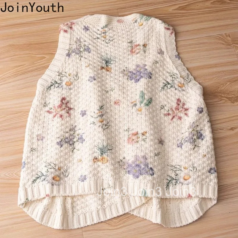 Vintage Sweater Vest for Womens Floral Tops Loose Sleeveless Waistcoat Knitted Tanks 2025 Korean Jackets Chalecos Para Mujer