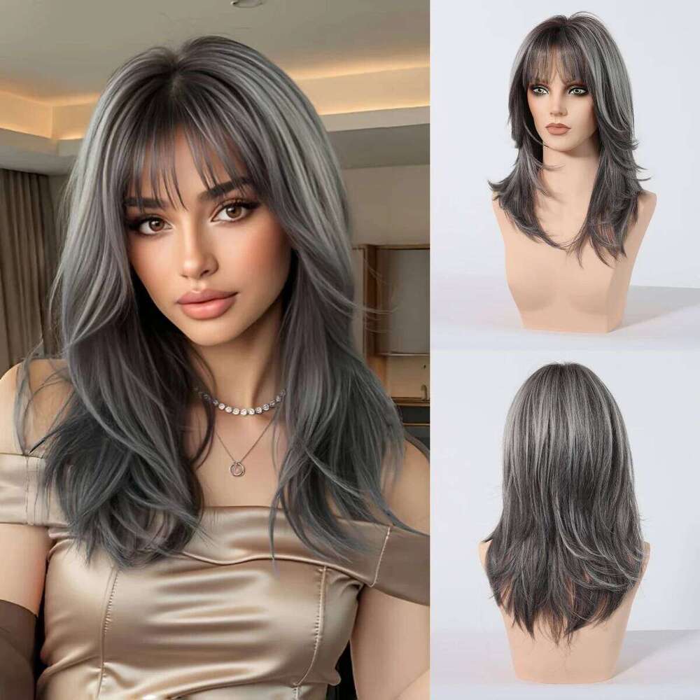 Medium Length Straight Gray Layered Synthetic Wigs With Bangs For Women Party Cosplay Natural Heat Resistant Fake Hair