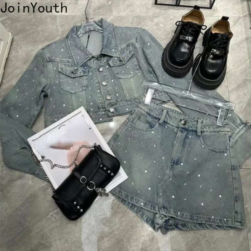 Korean Two Piece Sets Womens Outfits Temperament Crop Coat High Waist Bodycon Mini Skirt Suit Roupas Femme Diamond Denim Set
