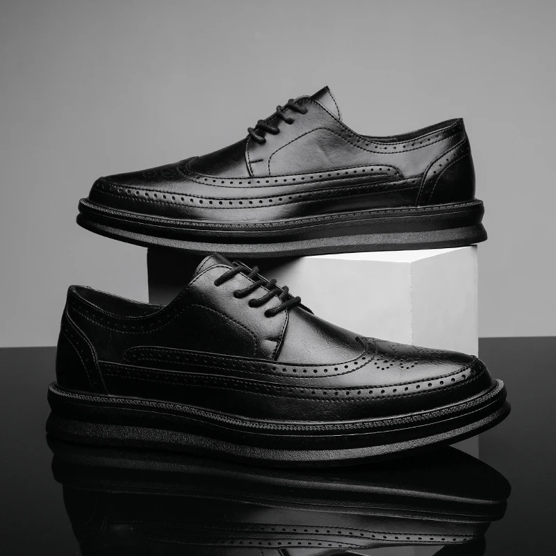 Fashion Derby Leather Men Shoes White Brogue Lace Up Solid Simple Dress Business Casual Party Wedding Flat For Man 250612