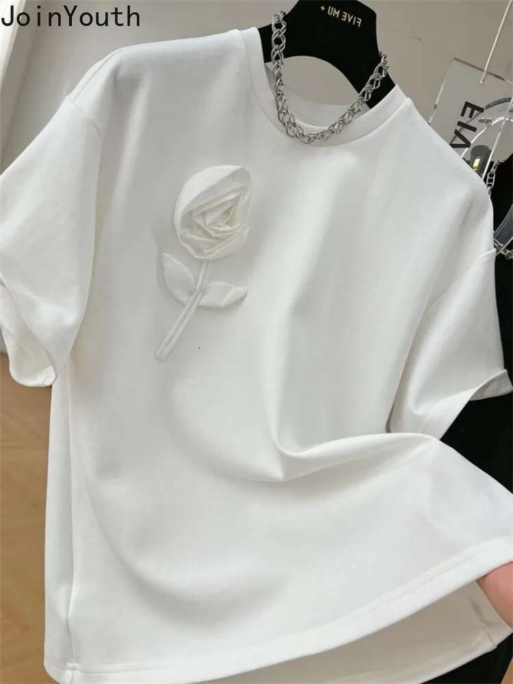 Women Clothing 3D Floral Cotton Tshirts Chic Summer Tees 2025 Ropa Mujer Short Sleeve O-neck T2k Tops Streetwear White T-shirt