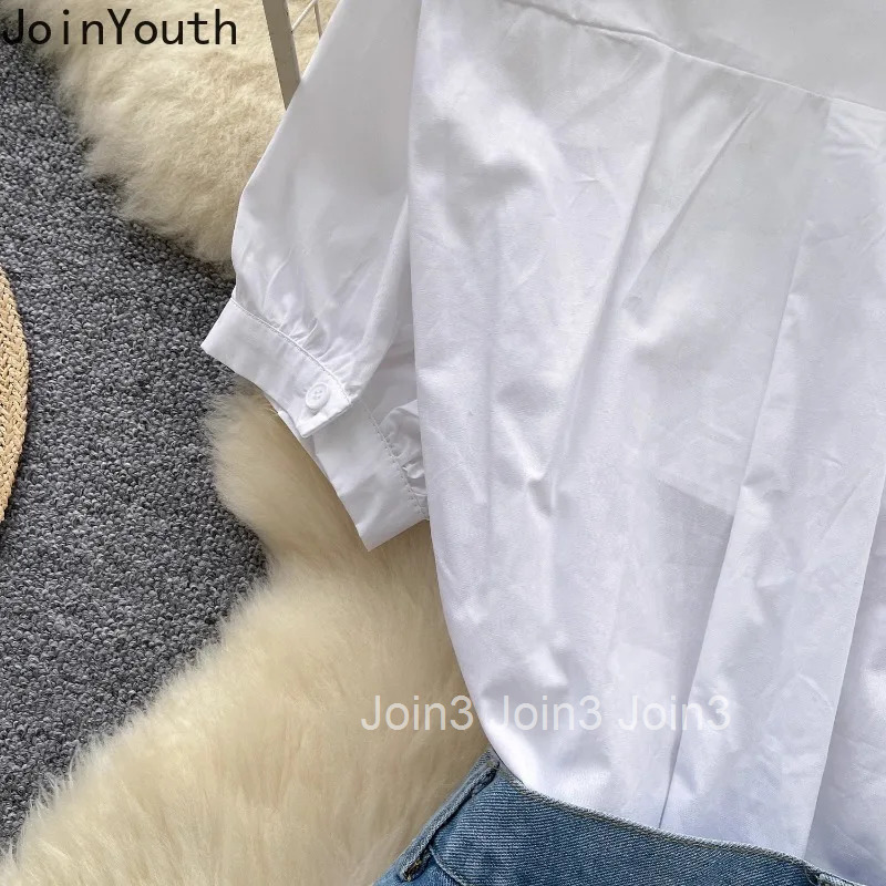 Korean Women Clothing Two Piece Sets Denim Skirt Outfits Folds White Blouses Bodycon Mini Skirts Suit Fashion Casual Summer Set