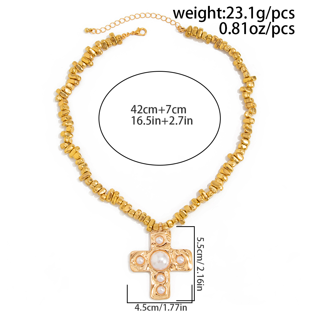 European and American Style Simple yet Grand Pearl inlaid Cross Alloy Pendant Necklace with Fashionable CCB Beaded Design