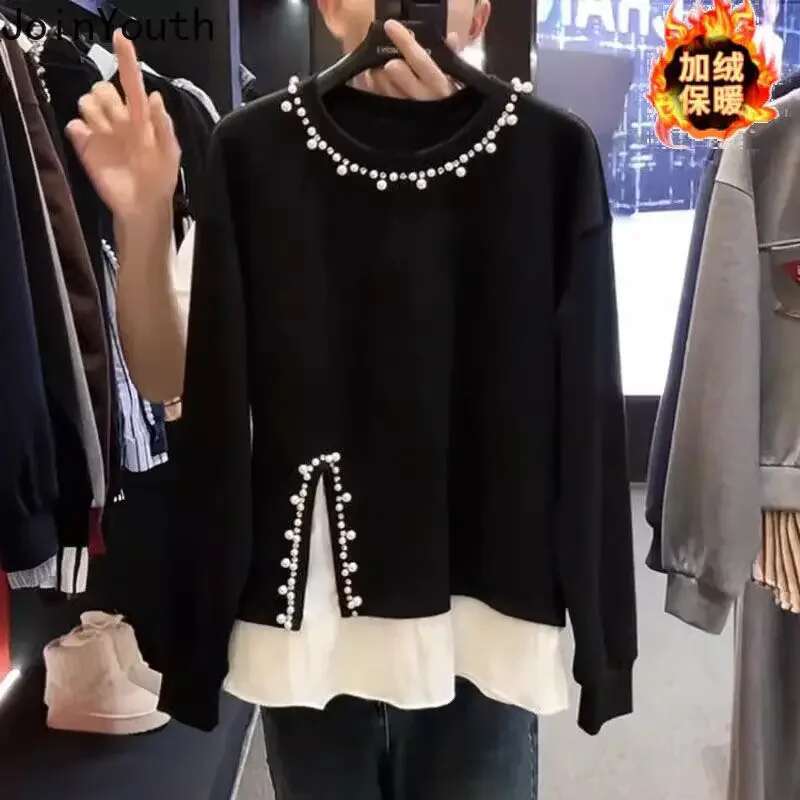 Fake Two Hoodeis 2025 Women Clothes Heavy Beading O-neck Patchwork Y2k Tops Ropa Mujer Contrast Color Fashion Casual Sweatshirts