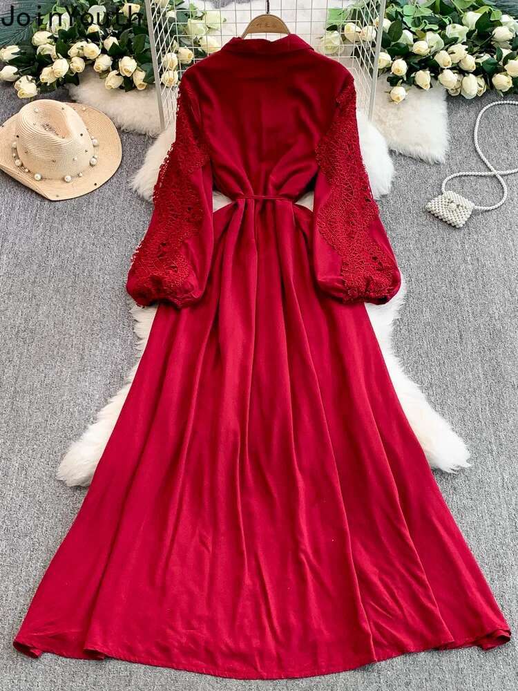 Elegant Dresses Women Single Breasted Slim Waist Temperament Robe Femme Patchwork Lace Hollow Out Dress 2025 Vestidos De Mujer