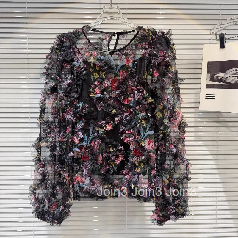 2025 Blusas Mujer De Moda Sweet Blouses Women Clothing Long Sleeve O-neck Gauze Shirts 3D Floral Summer Chic Chiffon Blouse Tops