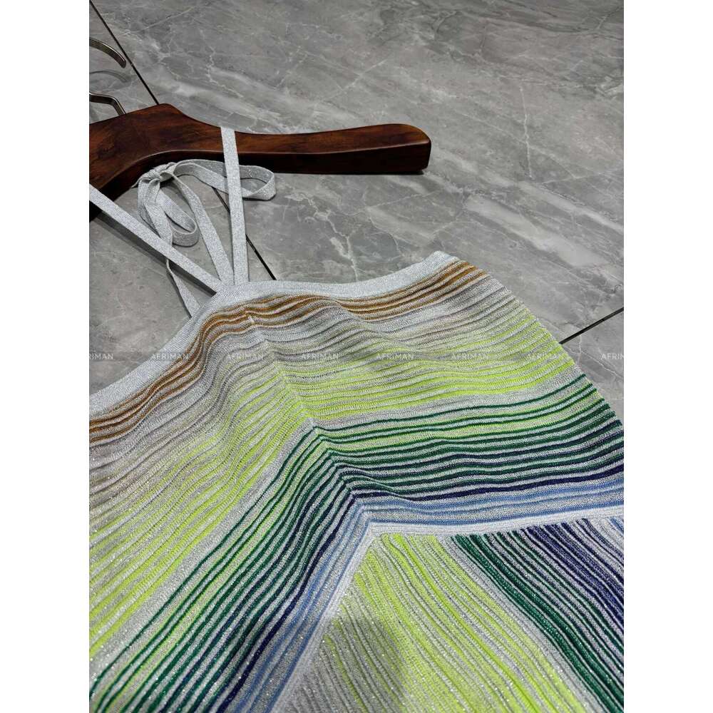 Women Metallic Sequined Striped Halter Neck Sleeveless Maxi Long Dress