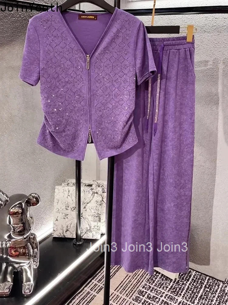 2 Piece Sets Korean Women Clothing Short Sleeve Zipper V-neck Tshirts High Waist Straight Wide Leg Pants Outfits Summer Suit