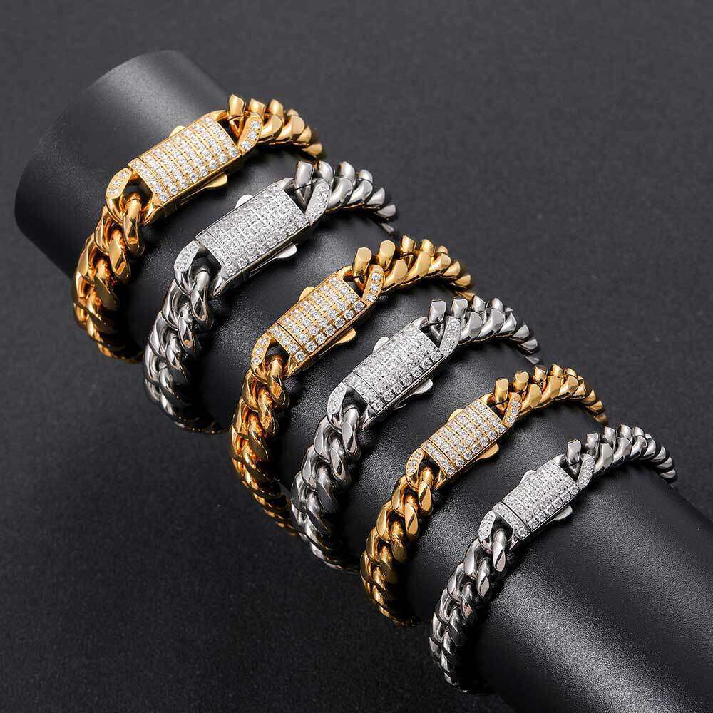 Stainless Round Polished Cuban Chain Necklace Hip Hop Brand Inlaid with Dias Snap Button Titanium Steel Men's Bracelet Jewelry ae40