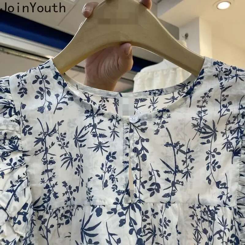 Summer Blouse Women 2025 Blusas Mujer De Moda O-neck Sleeveless Vintage Shirts Loose Floral Blouses Flying Sleeve Ruffles Tops