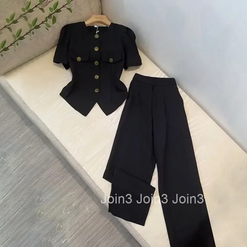 Vintage Women Clothes Korean 2 Piece Sets Puff Sleeve Irregular Tunic Shirts Straight Wide Leg Pants Suit Temperament Summer Set