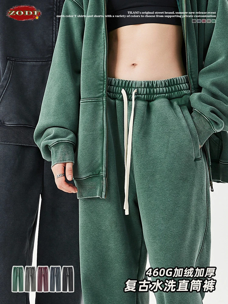 ZODF Winter Men Heavyweight Washed Straight Pants Unisex Distressed 460gsm Thick Warm Fleece Sweatpants Streetwears HY0956 250616