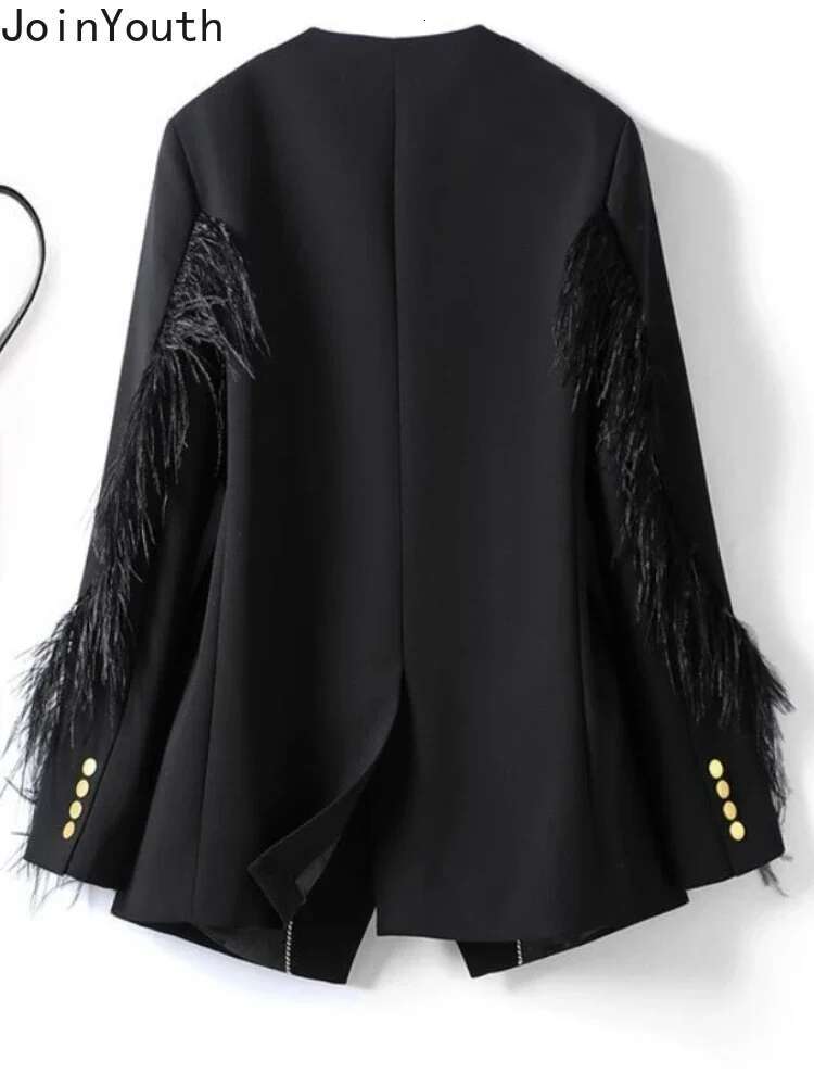 Temperament Lady Tops Streetwear Korean Oversized Jackets 2025 Ropa Mujer Fashion Outwear Patchwork Feather Casual Black Coats