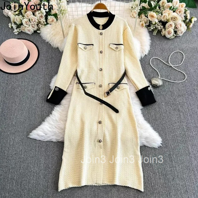 Vintage Knit Dress for Women High Waist Elegant Fashion Korean Vestidos De Mujer Bodycon Robe Femme Long Sleeve Bandage Dresses