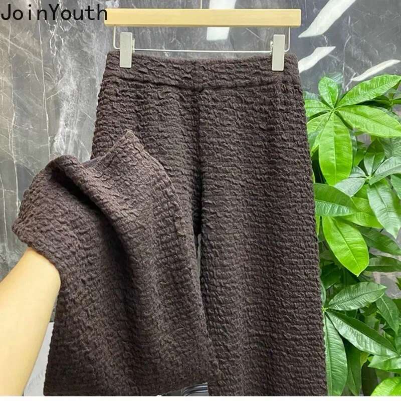Korean Wide Leg Pants for Women Elastic Waist Tunic Temperament Trousers Casual Straight Tweed Pantalon Femme 2025 New Bottoms