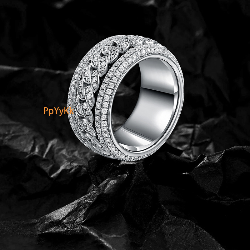 Men's Hip Hop Rotating Ring Real Gold Plated Copper Inlaid Diamond Luxury Jewelry Accessory Through diamond testing