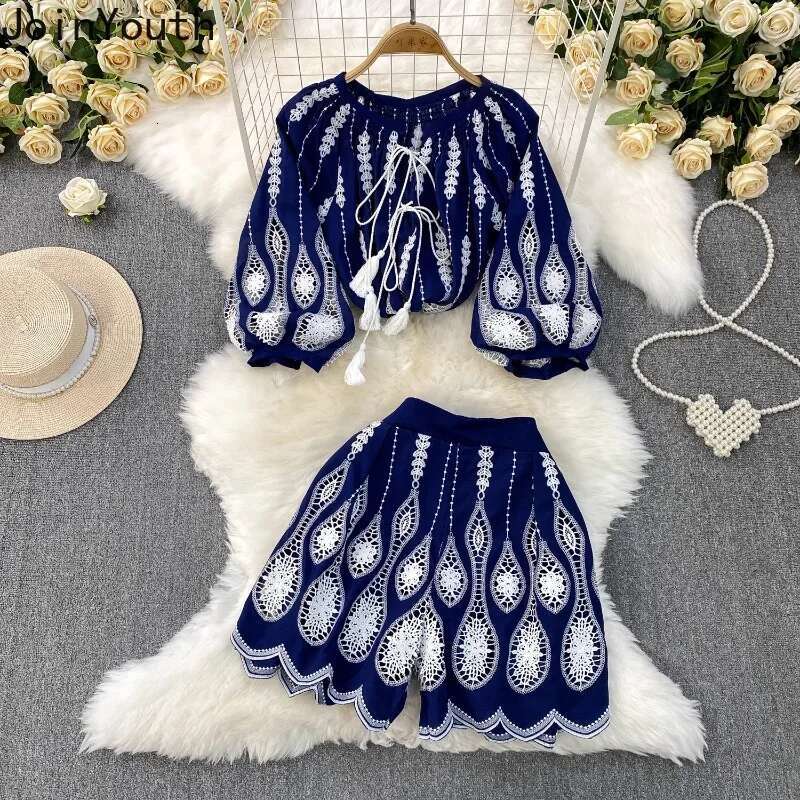 Summer Women Clothes 2 Piece Sets O-neck Lantern Sleeve Shirt High Waist Wide Leg Shorts Outfite Hollow Out Lace Chic Retro Suit