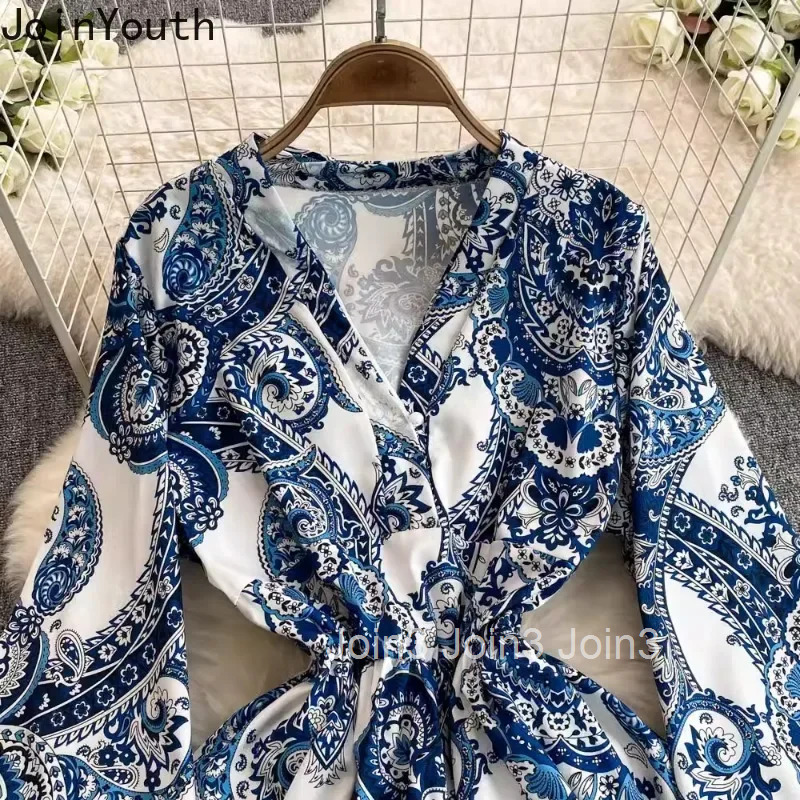 Temperament Floral Robe Femme Vintage Maxi Dresses for Women 2025 Vestidos De Mujer V-neck Flare Sleeve A-line Slim Waist Dress