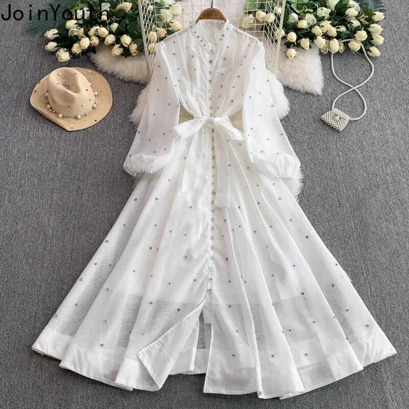 Elegant Maxi Dresses Women Clothing Stand Neck Lantern Sleeve Temperament Robe Femme 2025 Vestidos De Mujer Diamond Summer Dress