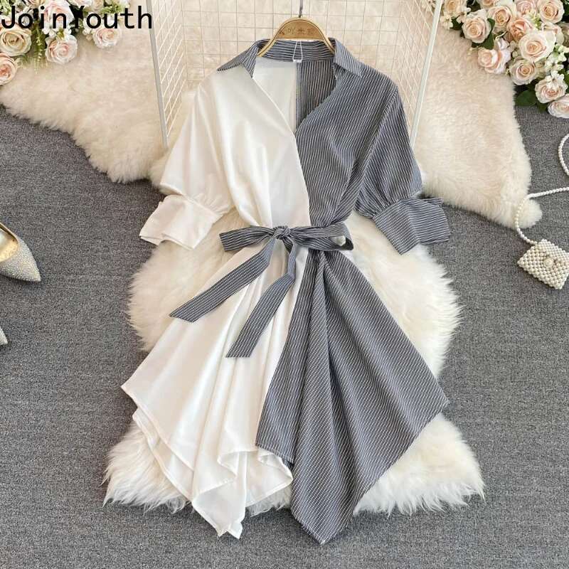 Striped Women Dress Fashion Summer Patchwork Dresses Korean Irregular Long Robe Shirt Dress Elegant Bandage Femme Vestidos
