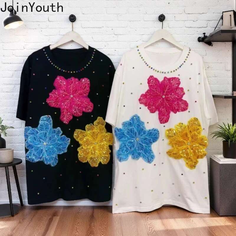 Summer Woman T Shirts Diamond 3D Floral Tees Fashion Korean Loose Camisetas 2025 Ropa Mujer Short Sleeve Casual Sweet Tshirt Top
