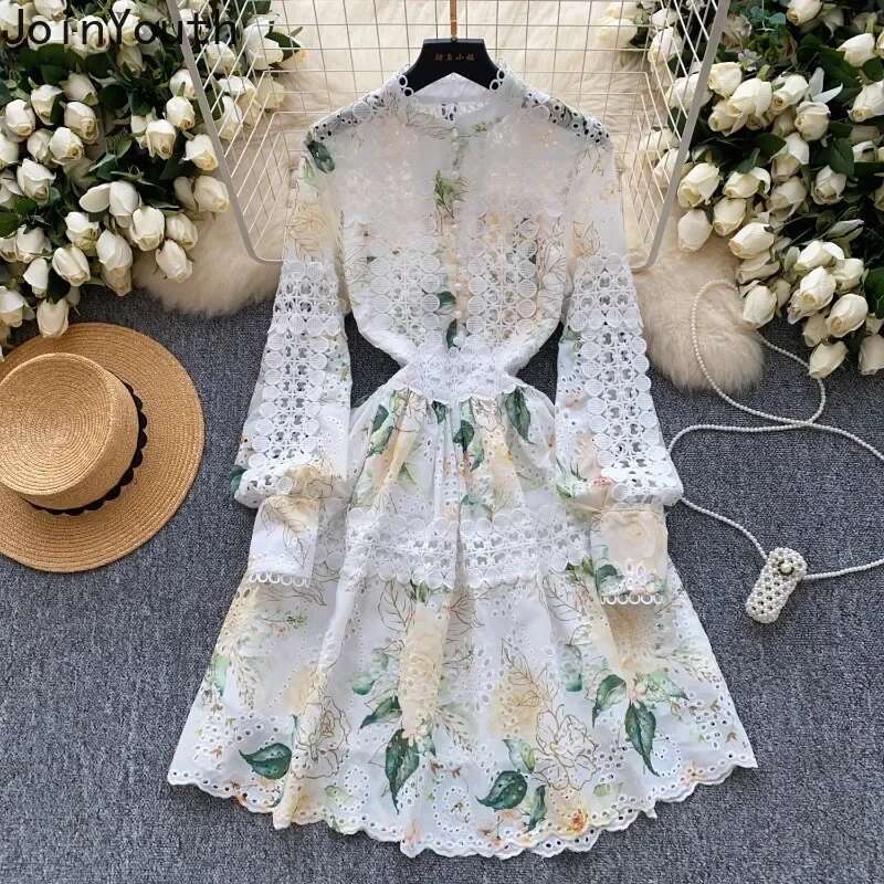 Temperament Robe Femme Chic Dresses for Women 2025 Vestidos De Mujer Slim Waist Floral Hollow Out Elegant Patchwork Lace Dress