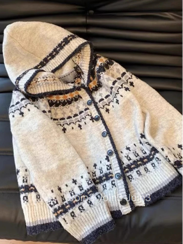 Hooded Vintage Cardigan for Women 2025 Fall Winter Clothing Pull Femme Print Fashion Sueter Mujer Casual Knitted Sweater Jackets
