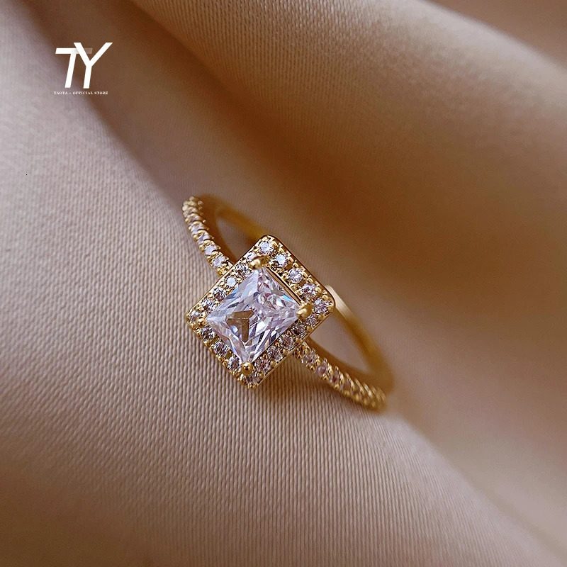 Exquisite Simple Square Zircon Gold Color Open Rings For Woman 2025 Salary Goth Jewelry Wedding Party Girls Student Ring 250617