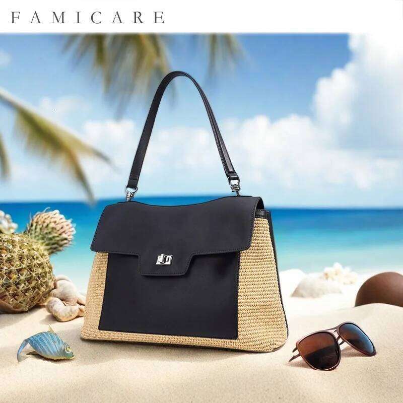Summer 2025 Women's Raffia Woven Tote Split Leather Crossbody Straw Messenger Grass Weaving Shoulder Bag For Ladies New