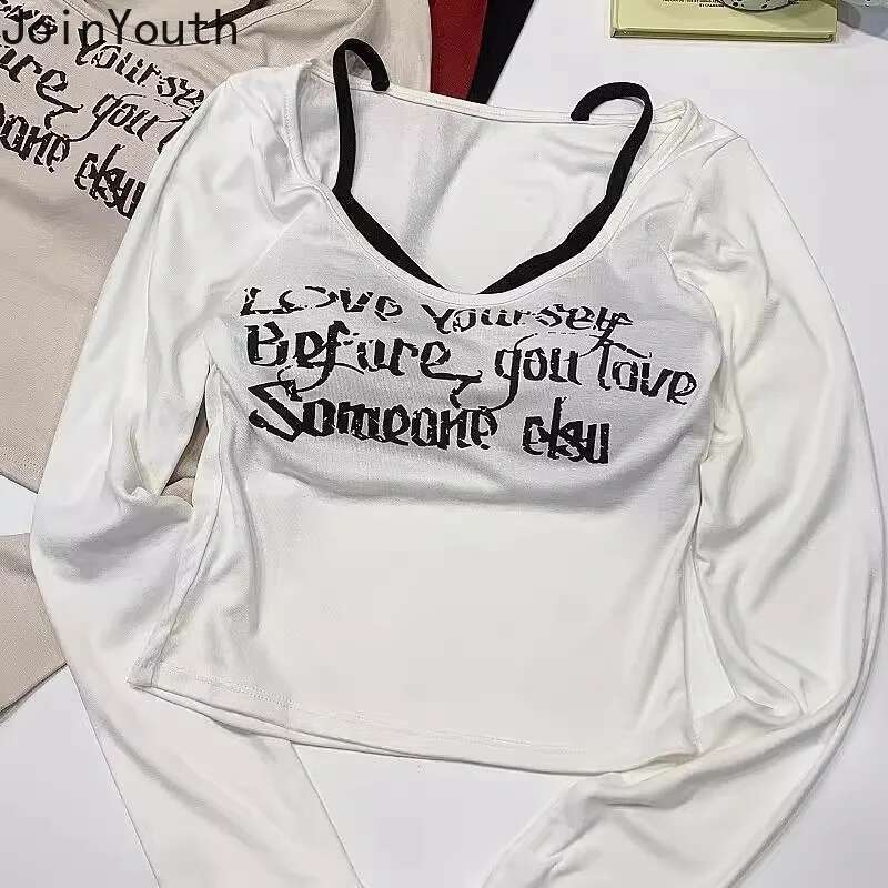 Women Clothes Fake Two Tshirts Tunic Long Sleeve Camisetas Letter Print Tees 2025 Ropa Mujer Casual Fashion Korean T Shirt Tops