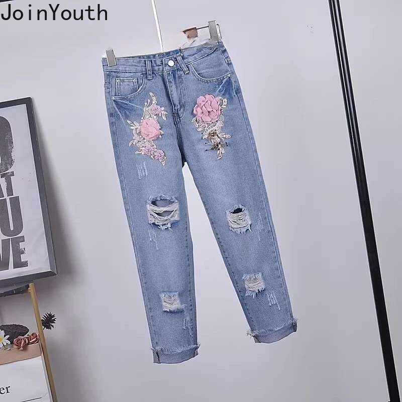 Two Piece Sets Womens Outfits Roupas Femme 3D Floral White Tshirts Tunic Hole Denim Pants Suit Fashion Korean Temperament Set