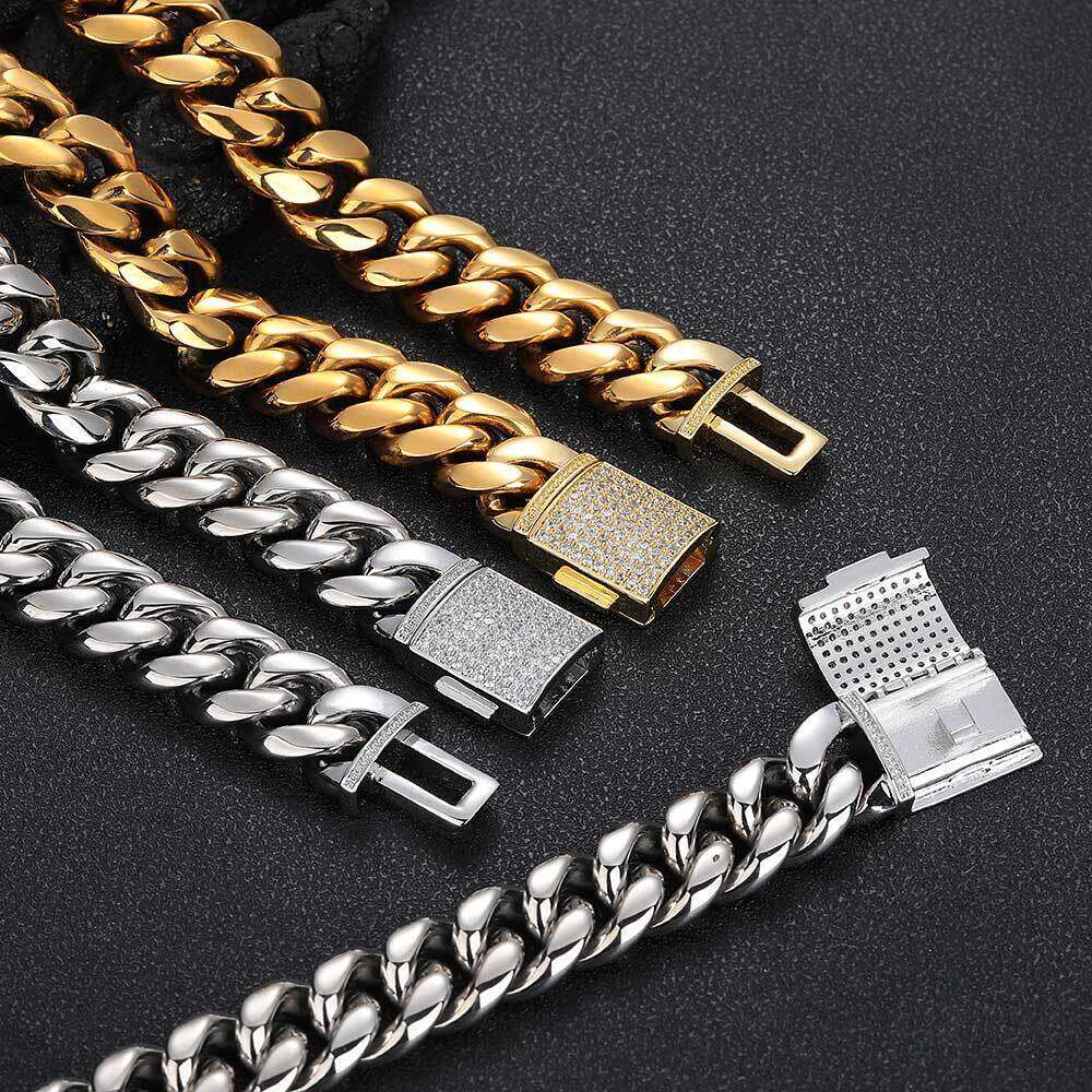 Jewelry Stainless Steel Miami Hip Hop Cuban Chain Zircon Flip Clasp Men's Necklace Bracelet 8c01